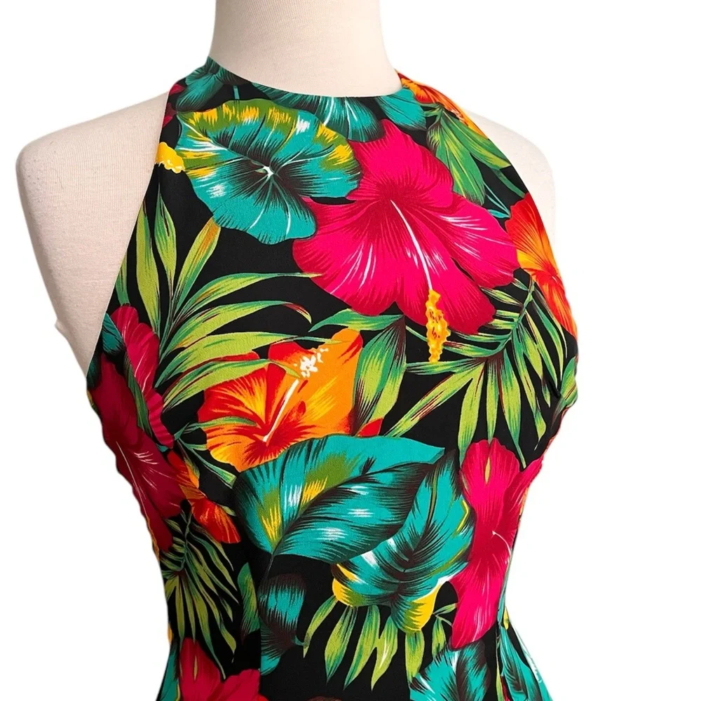 La Belle Vintage Dress Tropical Floral Mini Halter S Small M Medium - Picture 2 of 4